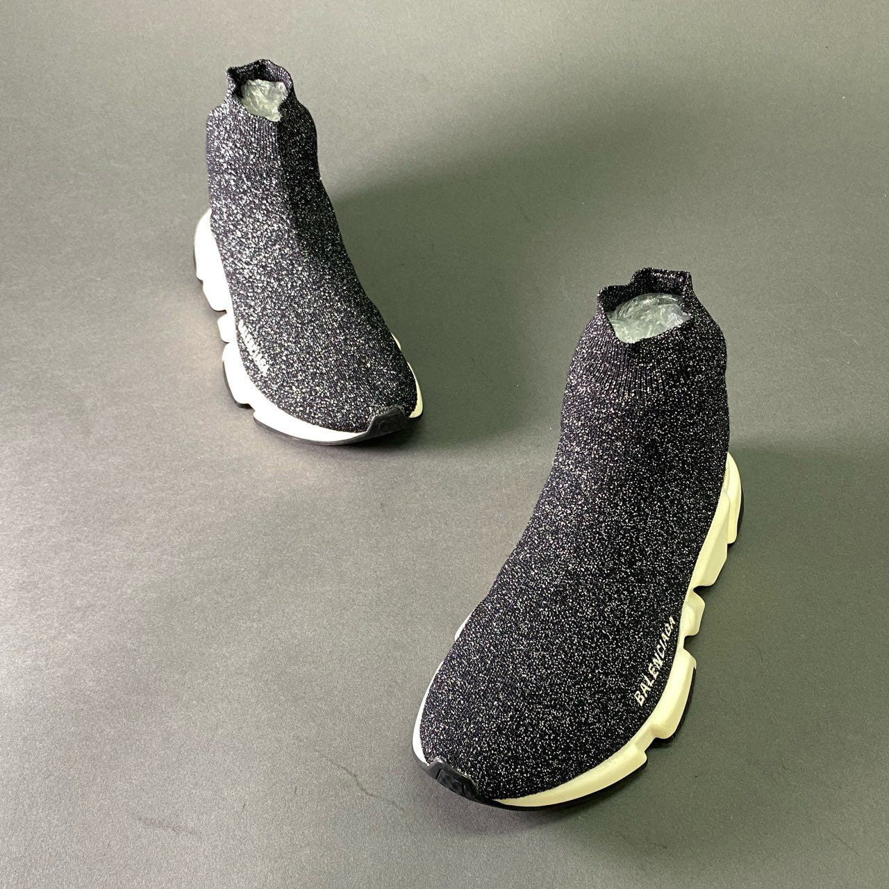 3l20 BALENCIAGA バレンシアガ SPEED TRAINER スピードトレーナー 25cm ブラック シルバー ラメ ソックススニーカー シューズ イタリア製