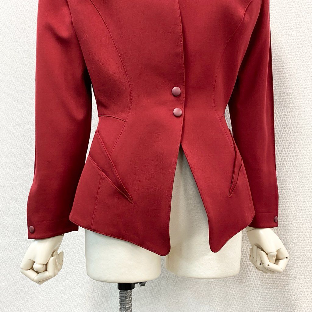 63d8-12 Thierry mugler ティエリー ミューグレー テーラードジャケット ノーカラージャケット 変形デザイン サイズ9 レッド ウール100% レディース