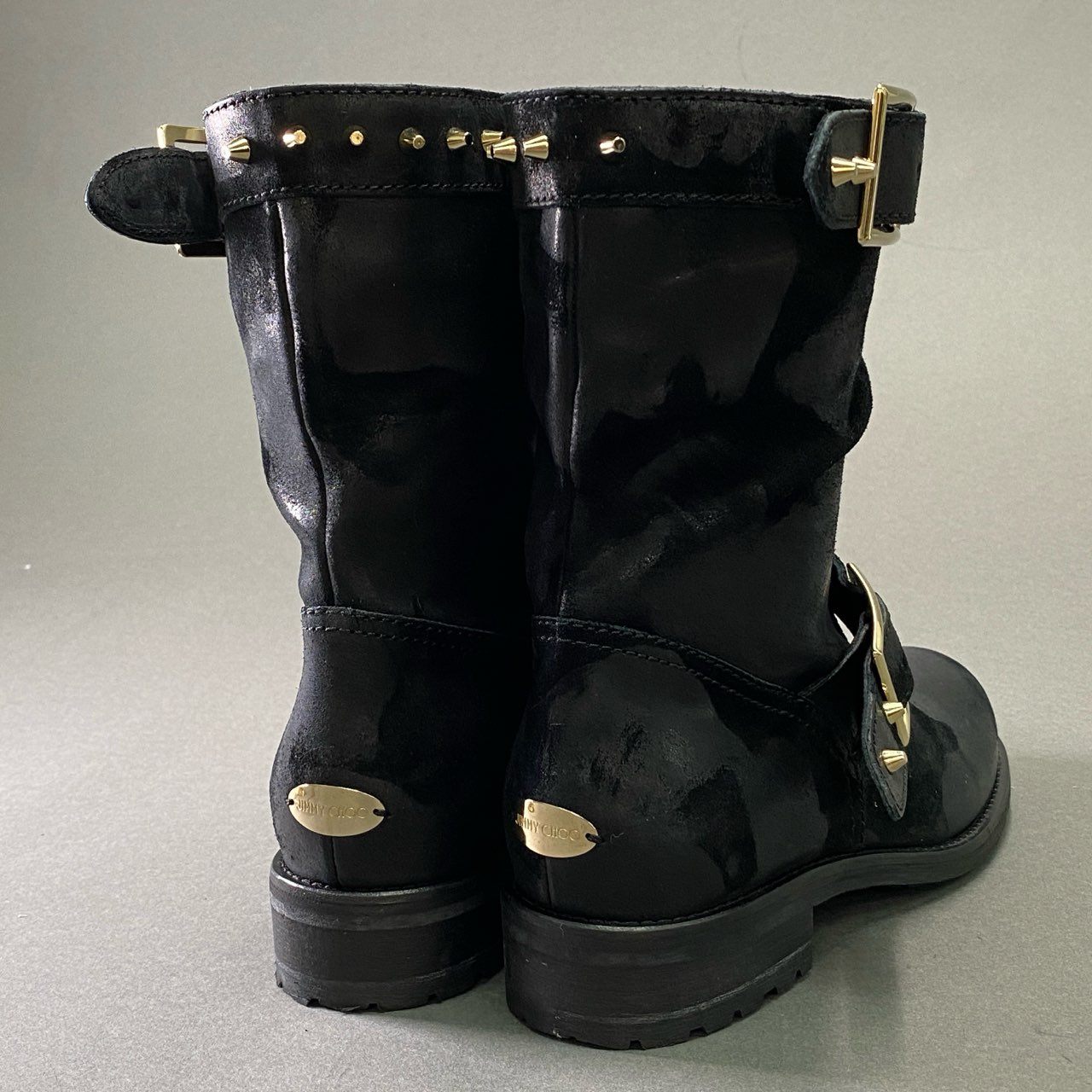 1d16 《美品》 JIMMY CHOO ジミーチュウ ワックス加工 スタッズバイカーブーツ 36 ブラック レザー シューズ イタリア製