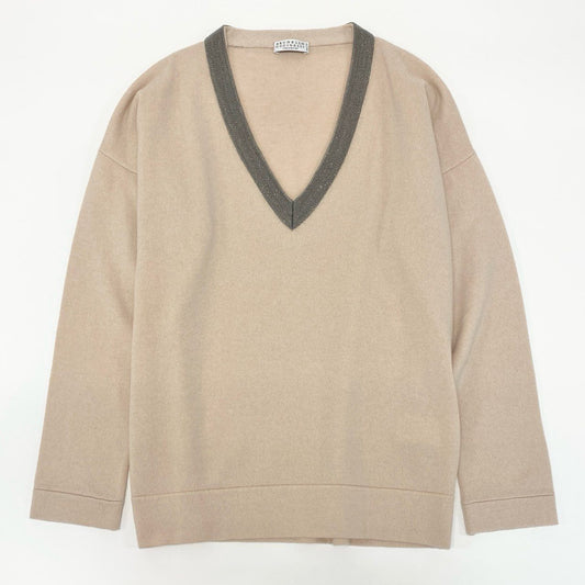 53e19 BRUNELLO CUCINELLI ブルネロクチネリ ビーズデザイン Vネック カシミヤニットセーター サイズM ライトベージュ カシミヤ100%