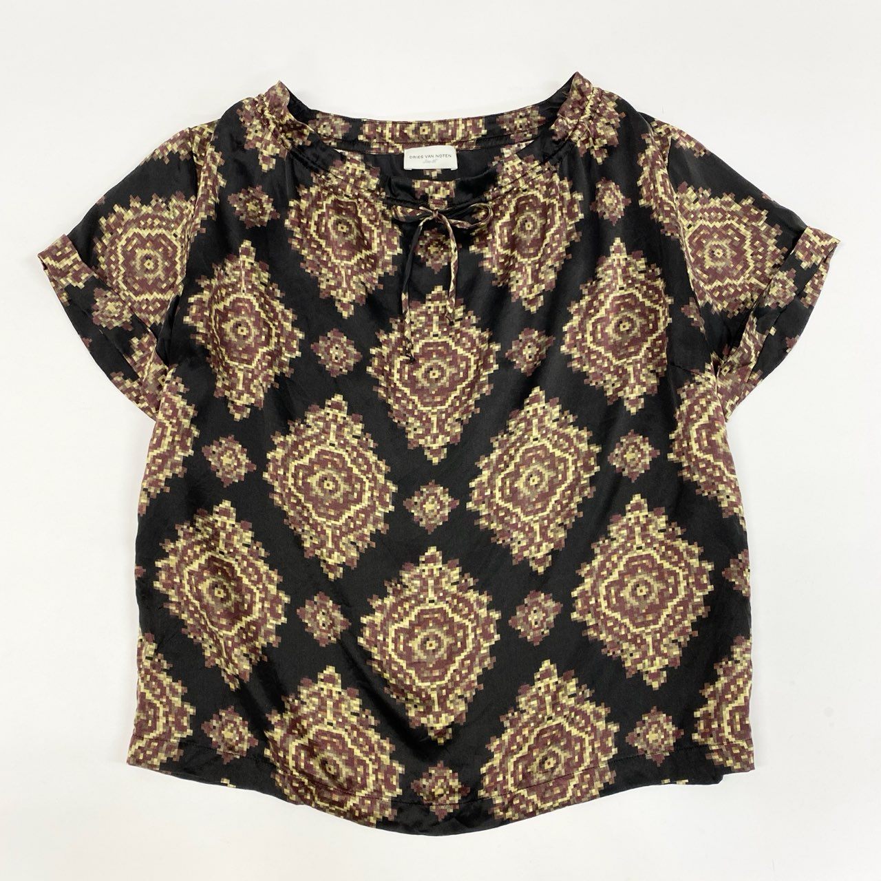 77j28 DRIES VAN NOTEN ドリスヴァンノッテン 半袖カットソー ブラウス シルク100% 総柄 36サイズ マルチカラー レディースu02t