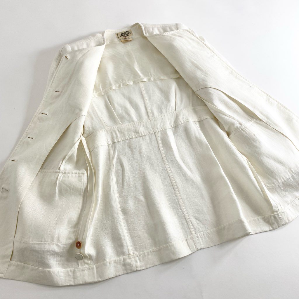 53e1 HERMES エルメス リネン ノーカラージャケット 42 アイボリー 麻100% ブレザー フランス製 LINEN JACKET