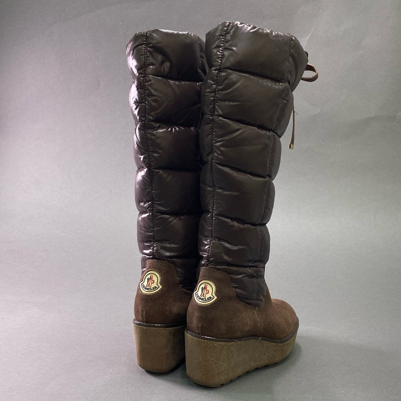 1e16 MONCLER モンクレール フロントジップ ロングダウンブーツ 37 ブラウン スエードレザー ウェッジソール シューズ
