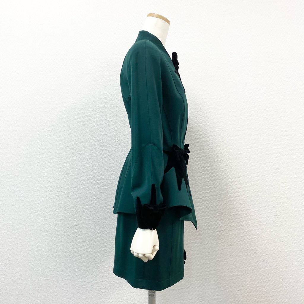 63d8-10 Thierry mugler ティエリー ミューグレー ジャケット/スカート スーツ セットアップ 変形デザイン ベロアリボン 裾フレア サイズ7AT-60-88 グリーン ブラック ウール100% レディース