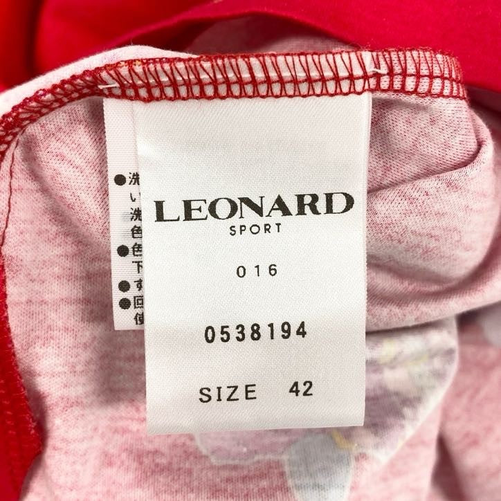 80g23 【美品】 LEONARD SPORT レオナールスポーツ ハーフジップ カットソー トップス 長袖 コットン 総柄 スタンドカラー レディース 女性用 0538194 42 レッド 綿100%
