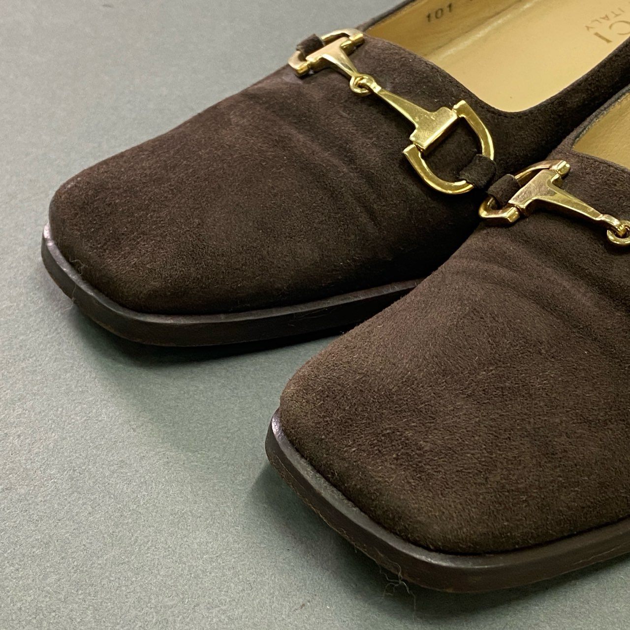 8c25 GUCCI グッチ ホースビット パンプス チャンキーヒール スクエアトゥ イタリア製 36 ブラウン スエード