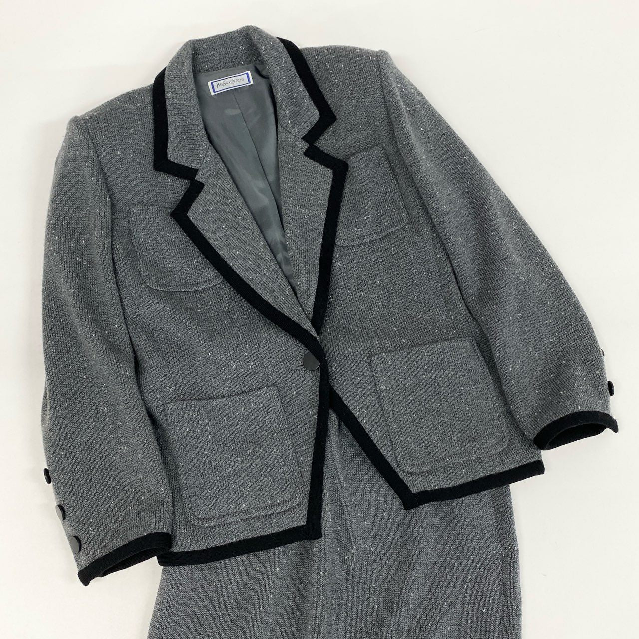 75i8 Yves Saint Laurent イヴサンローラン テーラードジャケット スカート セットアップ ニットジャケット ブレザー Mサイズ グレー ウール レディースo07t