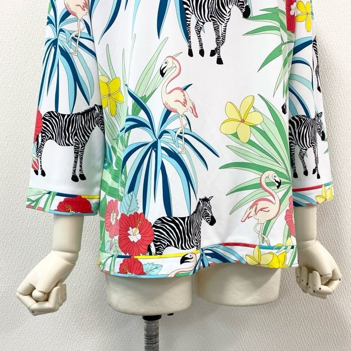 80g23 【美品】 LEONARD レオナール 長袖カットソー トップス ゼブラ アニマル柄 花柄 ストレッチ レディース 女性用 0538084 42 ホワイト マルチカラー