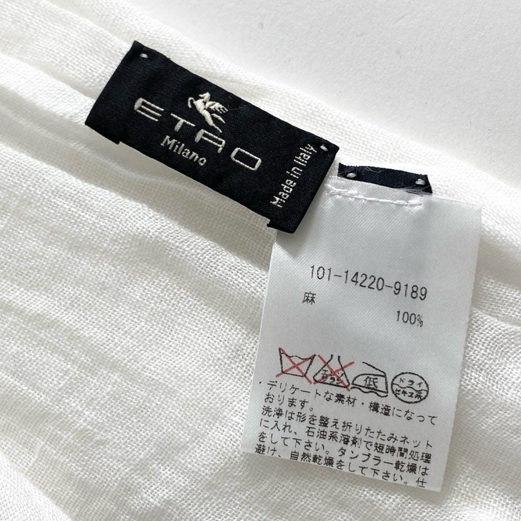 3f8 ETRO エトロ イタリア製 リネンストール ホワイト 麻100% フリンジ MADE IN ITALY LINEN STOLE