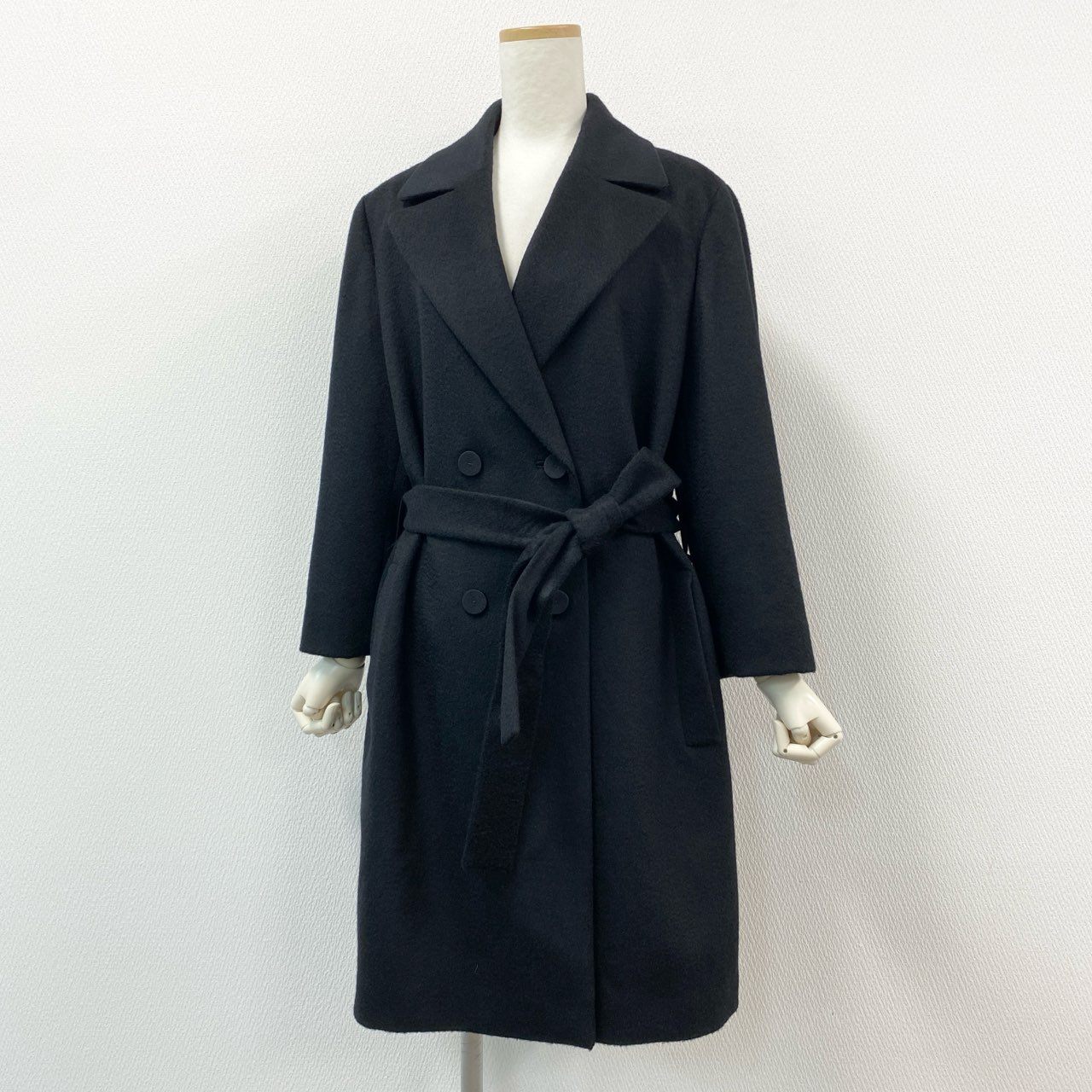 61g23 LANVIN COLLECTION ランバンコレクション 総カシミヤ ダブルプレスト チェスターコート ベルテッドロングコート 42 ブラック カシミア100 レディース