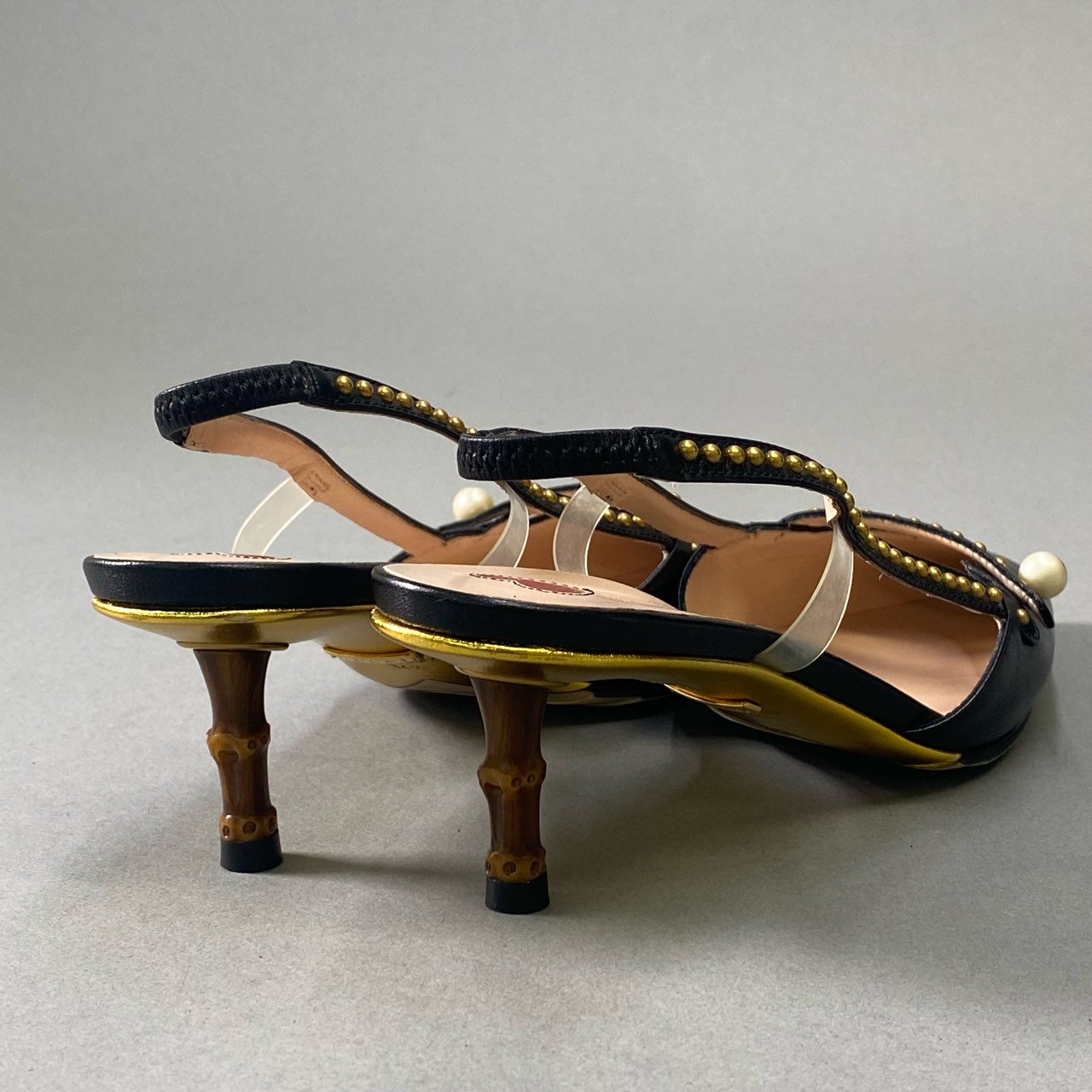 6i18 GUCCI グッチ スリングバック パンプス スタッズ パール バンブーヒール シューズ イタリア製 460127 34 1/2 ブラック レザー レディースk02i
