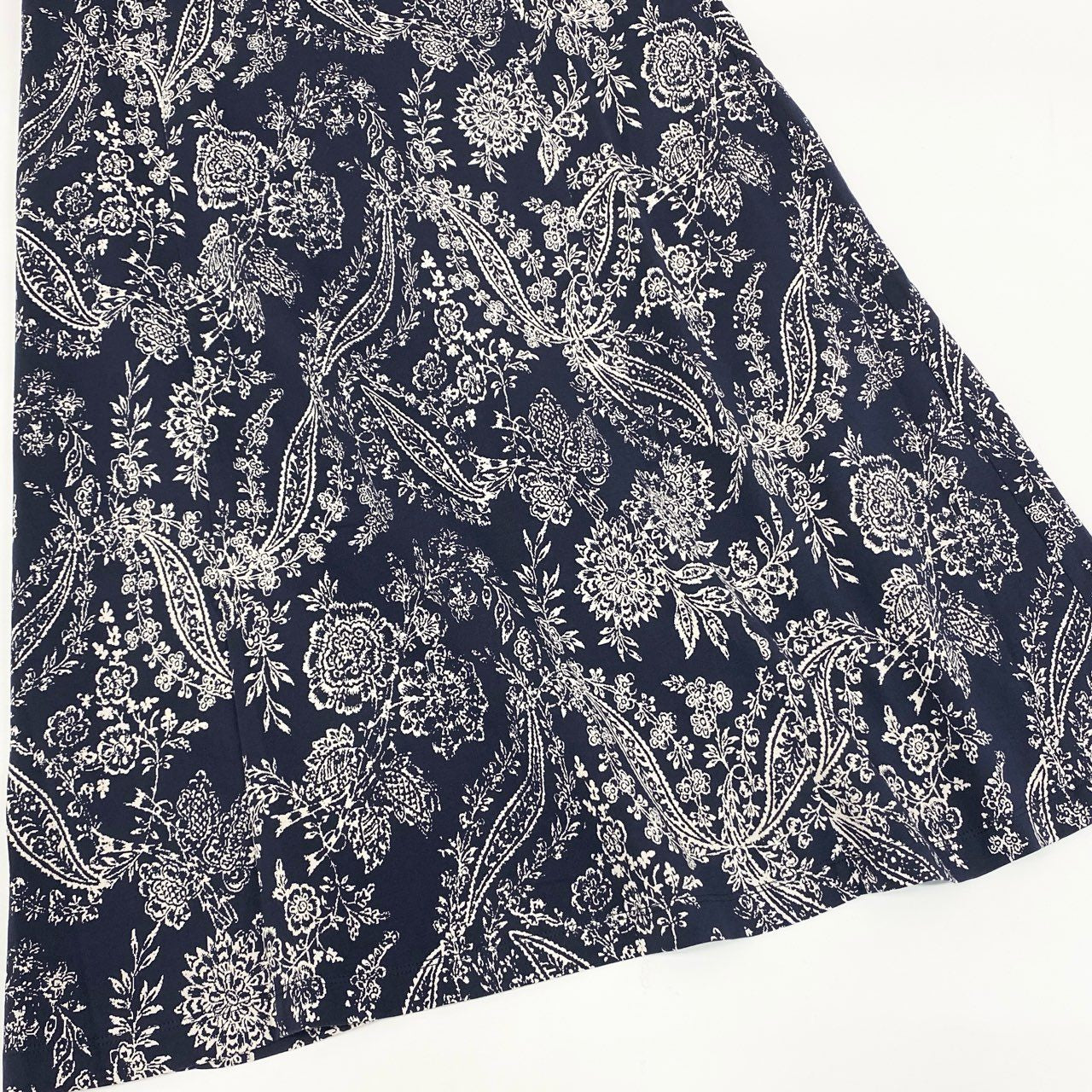 61g23 LAURA ASHLEY ローラアシュレイ タグ付 フレンチスリーブ ワンピース ドレス 総柄プリント 9号 ネイビー コットン レディース
