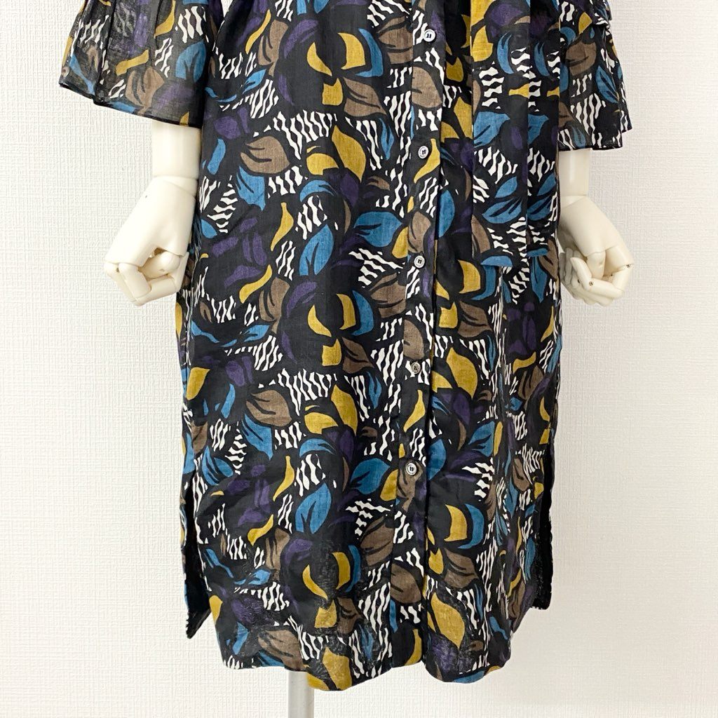 23h21 《未使用保管品》 定価¥82,500 タグ付 S MaxMara エスマックスマーラ 長袖ワンピース ドレス ロングスリーブ ウエストベルト 総柄プリント 前開き 38 ネイビー ラミー