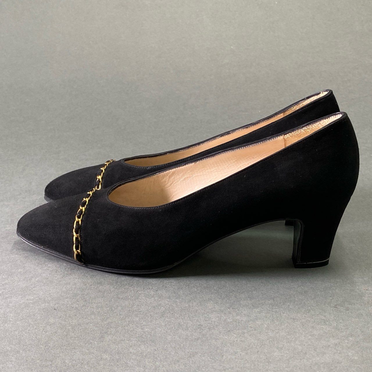 4e2 《美品》 CHANEL シャネル チェーントゥ スエードパンプス 36 1/2 ブラック レザー シューズ イタリア製 レトロ ヴィンテージ