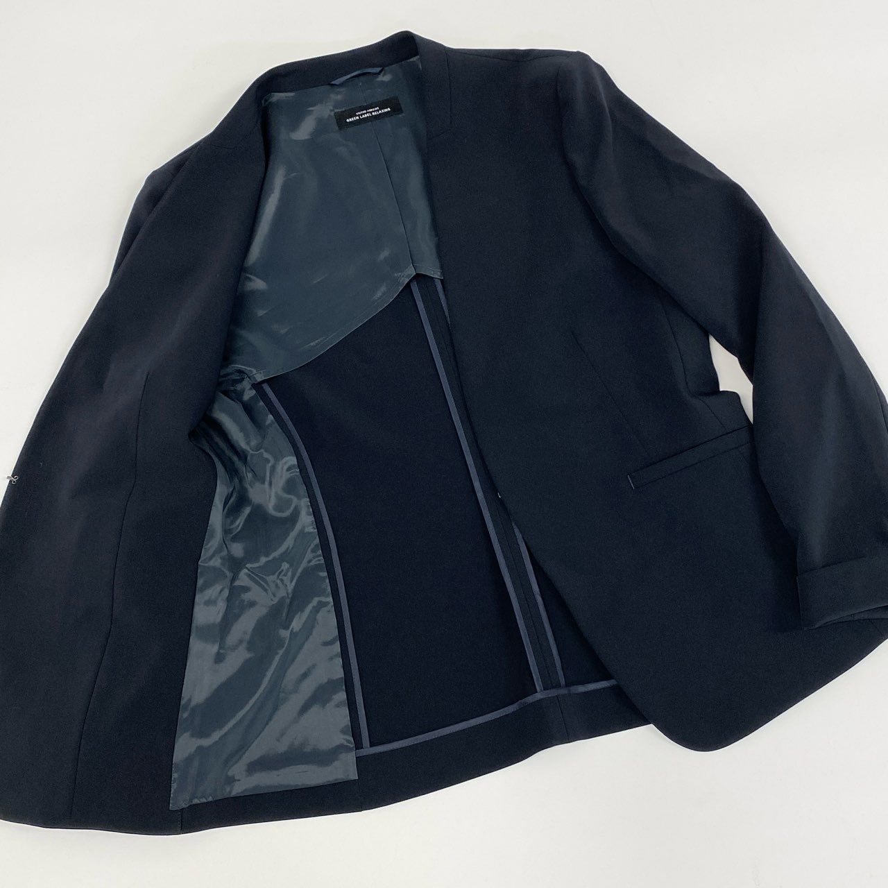 63g4 green label relaxing グリーンレーベルリラクシング ユナイテッドアローズ パウドレ ノーラペル ジャケット パンツ セットアップ ウォッシャブル ストレッチ 防シワ 35221991573 トップス38 パンツ36 ネイビー レディース