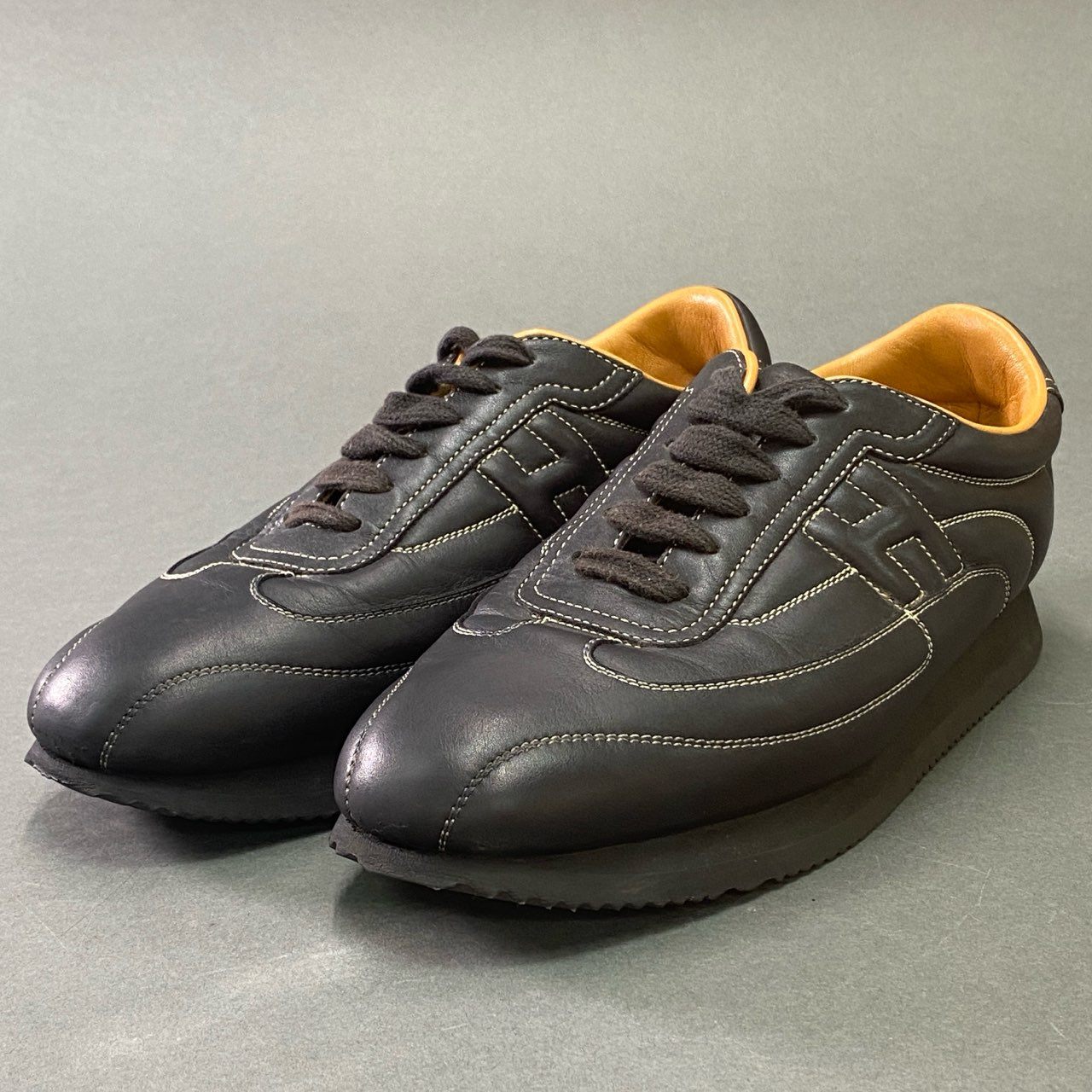 6b17 HERMES エルメス クイック レザースニーカー 39 ブラック Leather Hロゴ イタリア製 シューズ
