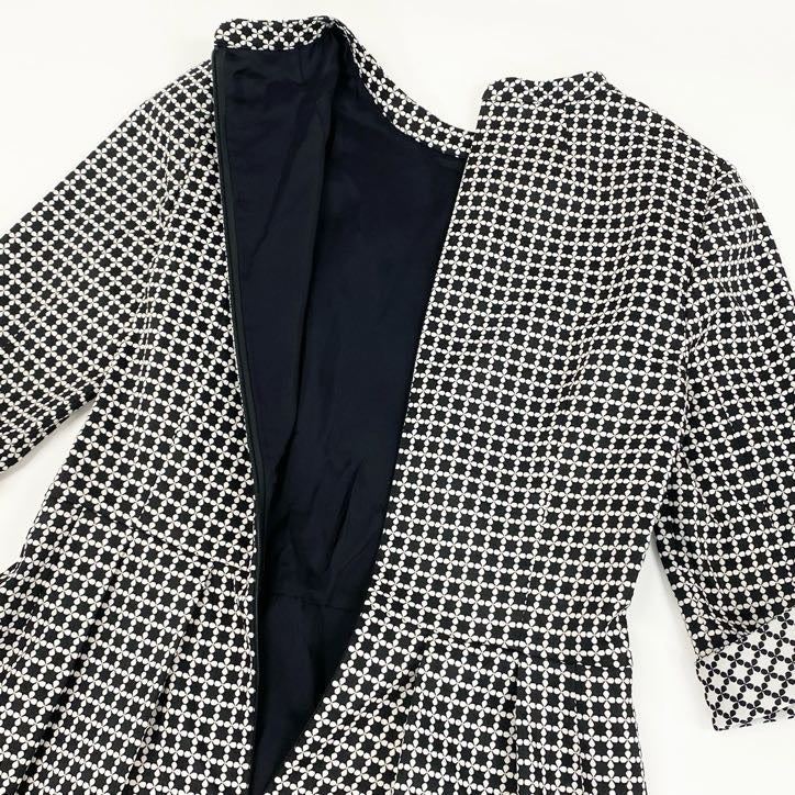 64g24【美品】 Leilian レリアン 七分袖ワンピース プリーツスカート モノクロ ウエスト切替 日本製 レディース 女性用 9 ブラック×ホワイト_