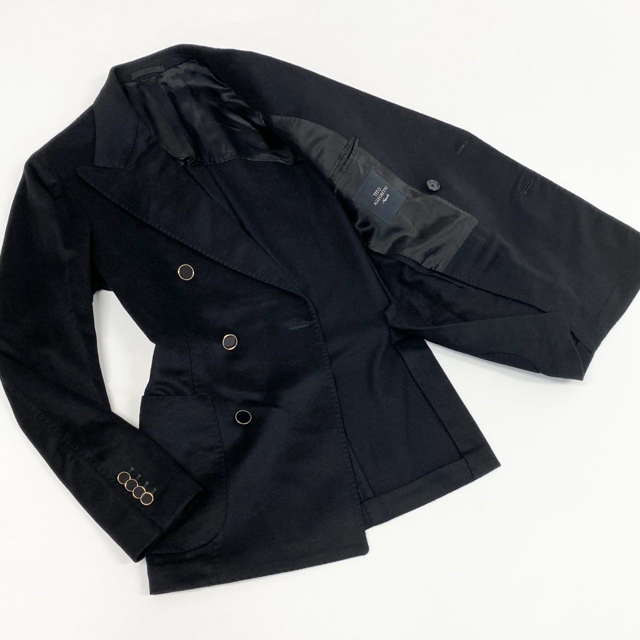 24l10 【極美品】イタリア製 TITO ALLEGRETTO ティトアレグレット カシミヤ100 ゴールド釦 ダブルブレスト ブレザー テーラードジャケット ドレスジャケット サイズ42 ブラック カシミヤ100% メンズ 紳士 冬