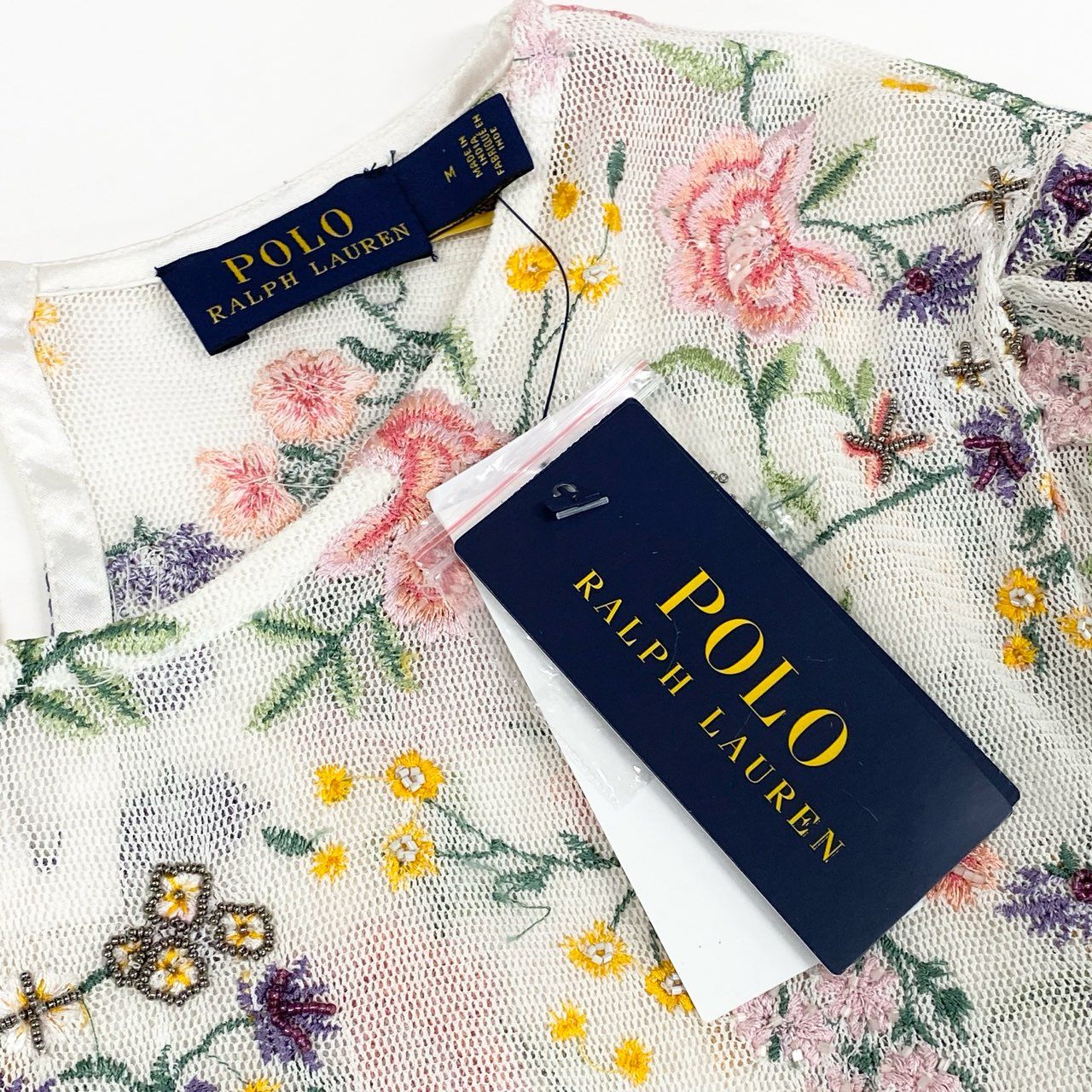 65d30 《新品タグ付き》 POLO RALPH LAUREN ポロ ラルフローレン 半袖レースカットソー Tシャツ トップス サイズM マルチカラー 花柄 コットン ナイロン レディース