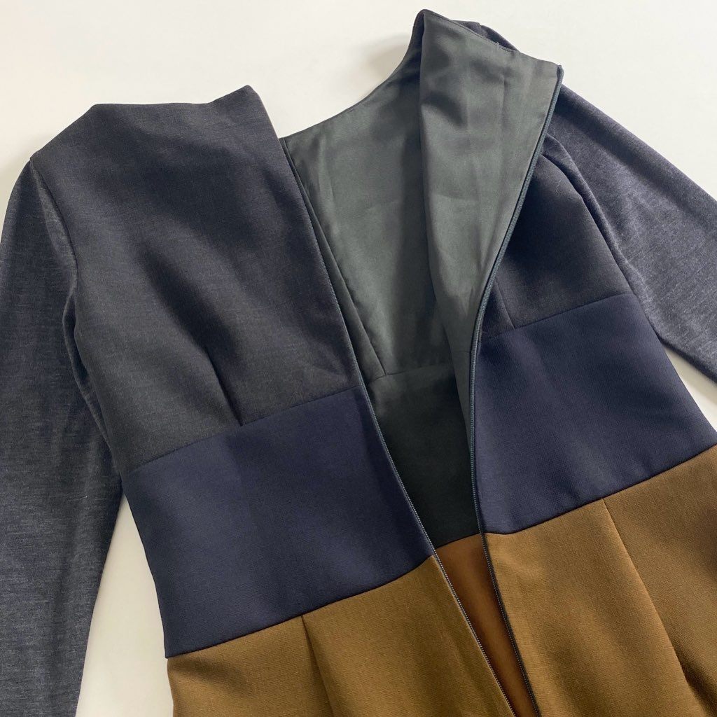 52h13 《未使用保管品》定価¥91,000 Max Mara マックスマーラ 袖切替 ウールワンピース 38 グレー ブラウン ドレス イタリア製