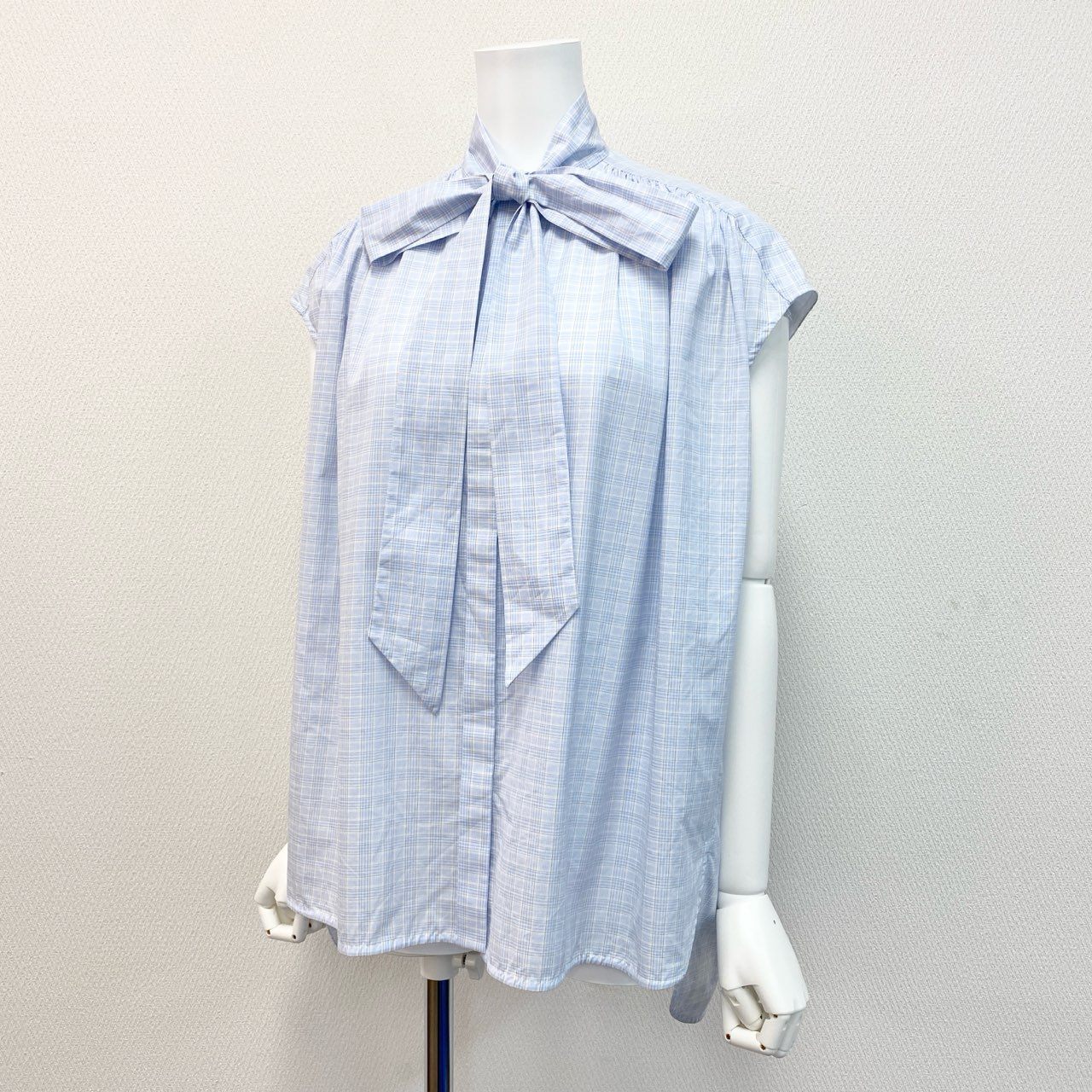 10j31 《美品》 Drawer ドゥロワー コットンチェックギャザーブラウス ノースリーブトップス 6521-299-0781 サイズ36 ライトブルー コットン100% レディース ユナイテッドアローズ 日本製