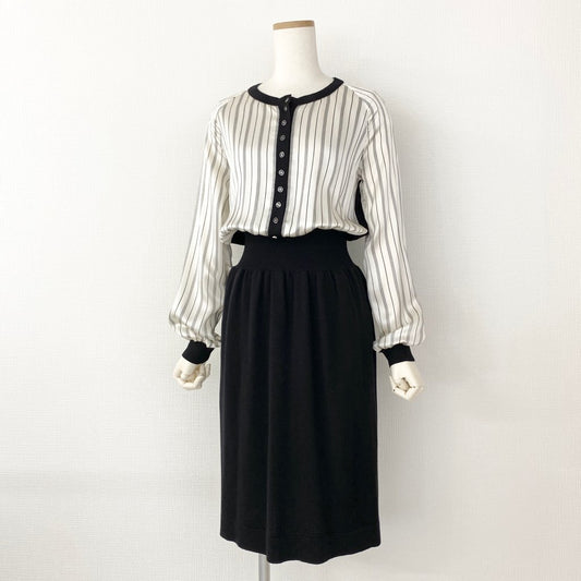 45h7 GIORGIO ARMANI ジョルジオ アルマーニ ニット切替 シルク100 長袖ニットワンピース 40 ホワイト ブラック イタリア製 ドレス