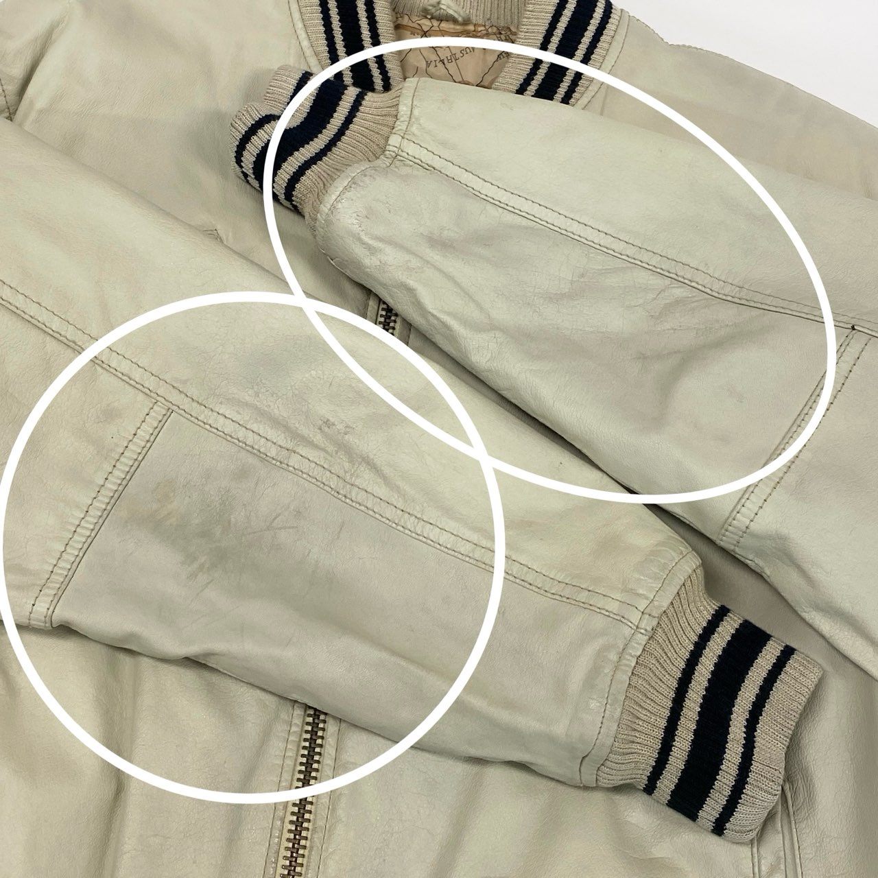 49f2 THE ECKO UNLTD エコー 90s レザージャケット ブルゾン 裏地総柄 世界地図 大きいサイズ 古着 VINTAGE ヴィンテージ XLサイズ ライトベージュ 牛革
