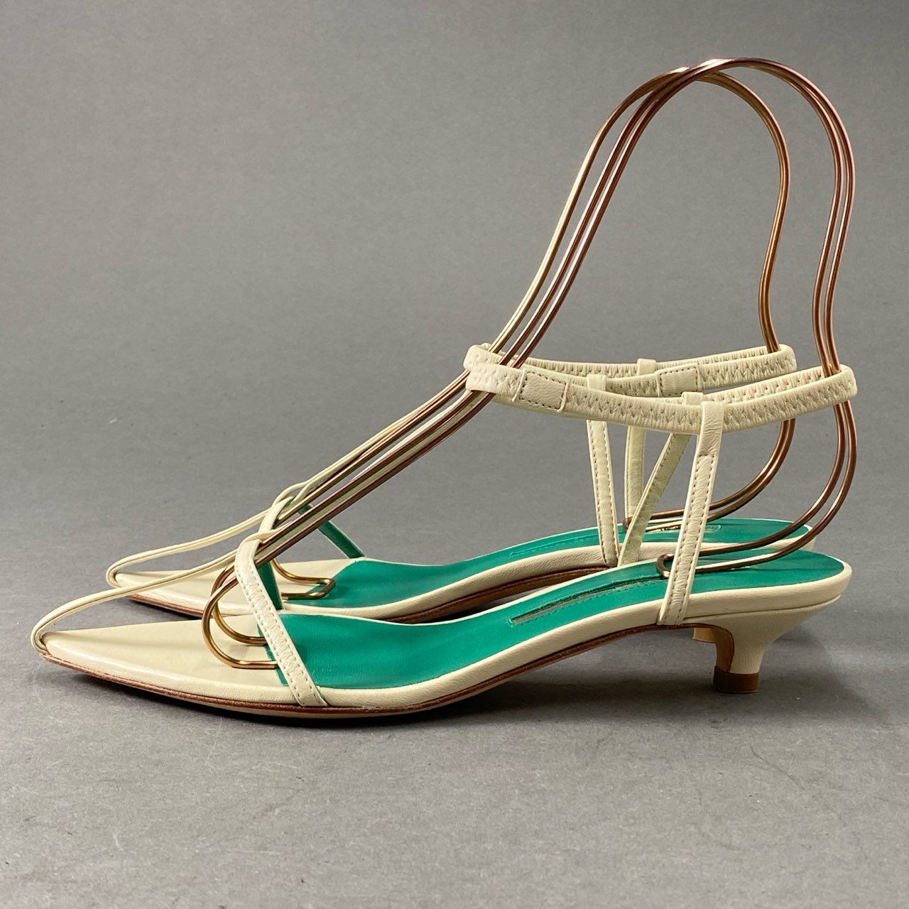1f28 《美品》 定価¥46,200 BRENTA ブレンタ ANKLE GOM アンクルゴムストラップサンダル 36 ホワイト グリーン レザー イタリア製 シューズ
