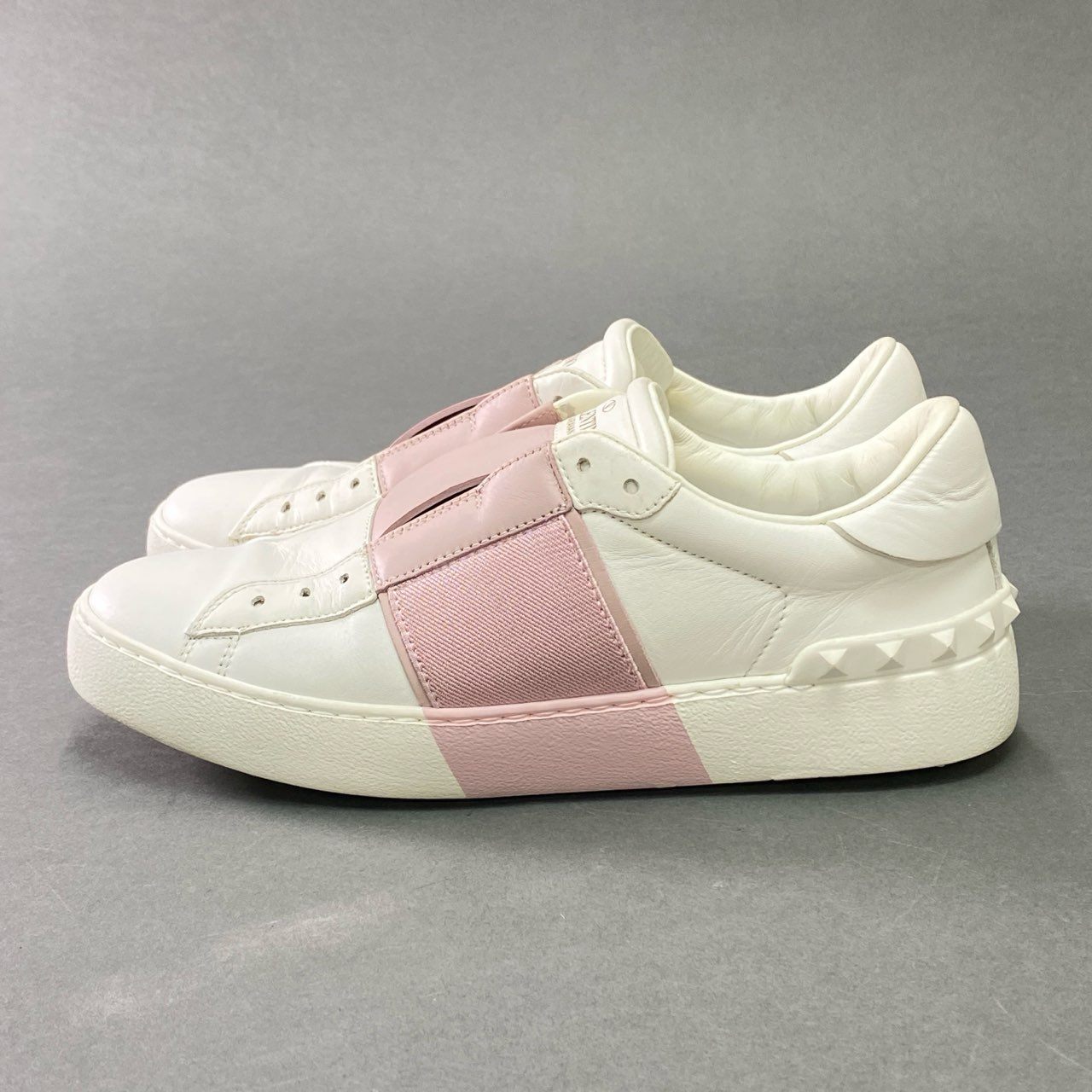 3b7 VALENTINO ヴァレンティノ オープンスニーカー 37 ホワイト ピンク レザー スタッズ スリッポン シューズ イタリア製