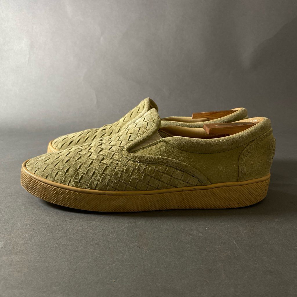 1h2 BOTTEGA VENETA ボッテガ ヴェネタ イントレチャート スリッポン スニーカー 42 カーキ レザー シューズ イタリア製 メンズ 男性用