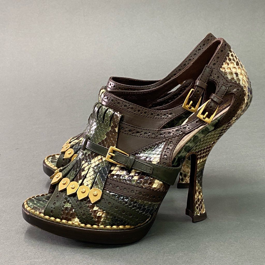 7d7 Christian Dior クリスチャンディオール Snakeskin Pumps 蛇革 パンプス オープントゥ ベルト付き ストラップベルト イタリア製 37 1/2 ブラウン グリーン