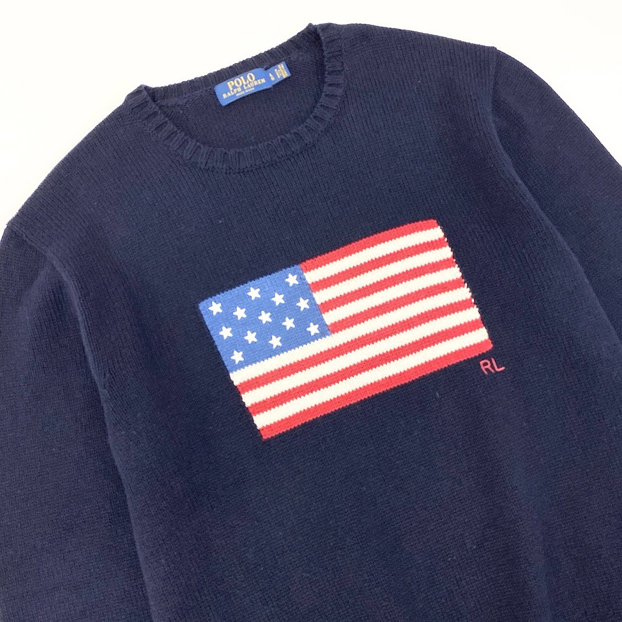 54h27 USA製 POLO RALPH LAUREN ポロラルフローレン 星条旗ニット セーター クルーネック サイズL ネイビー メンズ 紳士服u02t