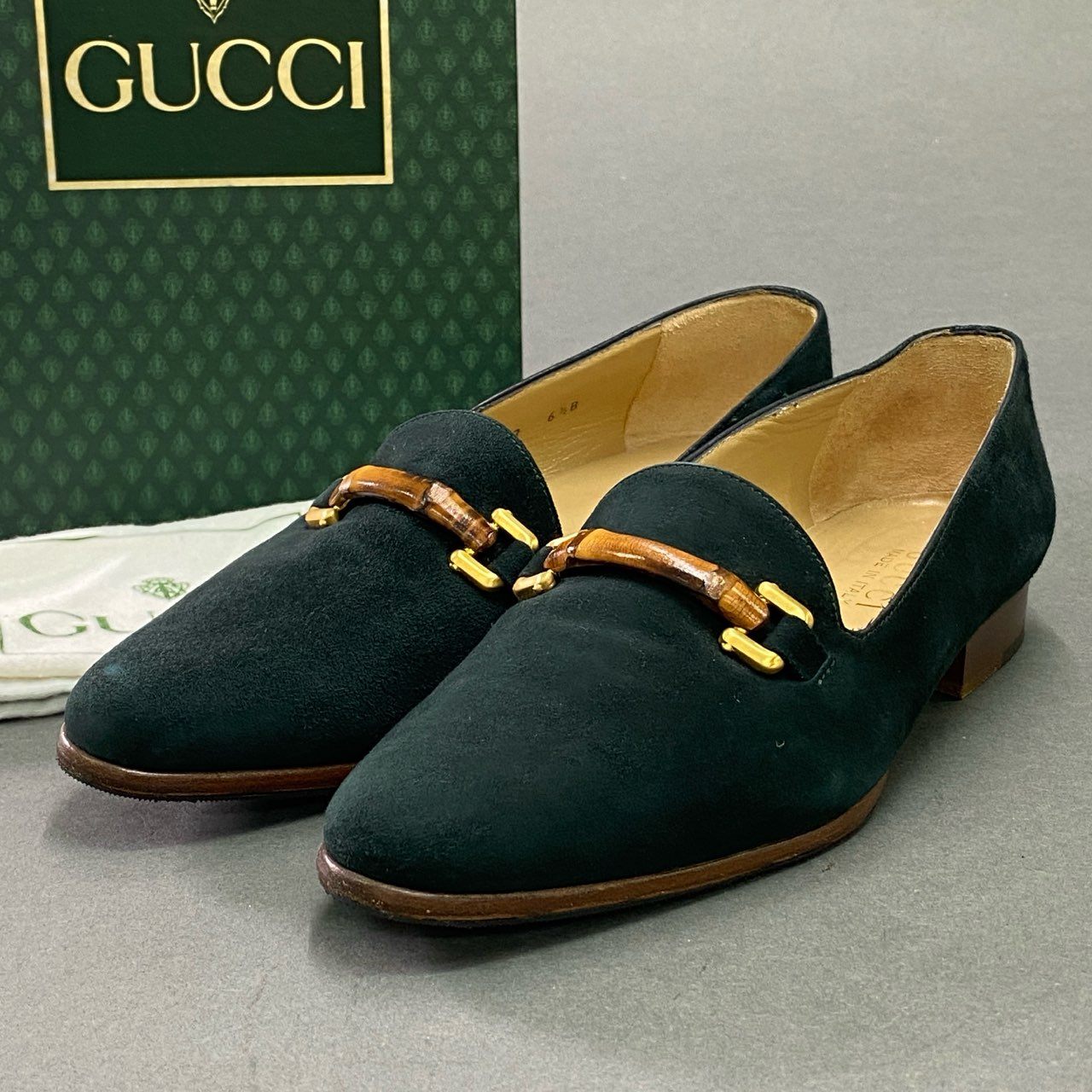 4c25 GUCCI グッチ バンブービット ローファー パンプス シューズ スエード イタリア製 6 1/2 グリーン スウェードレザー