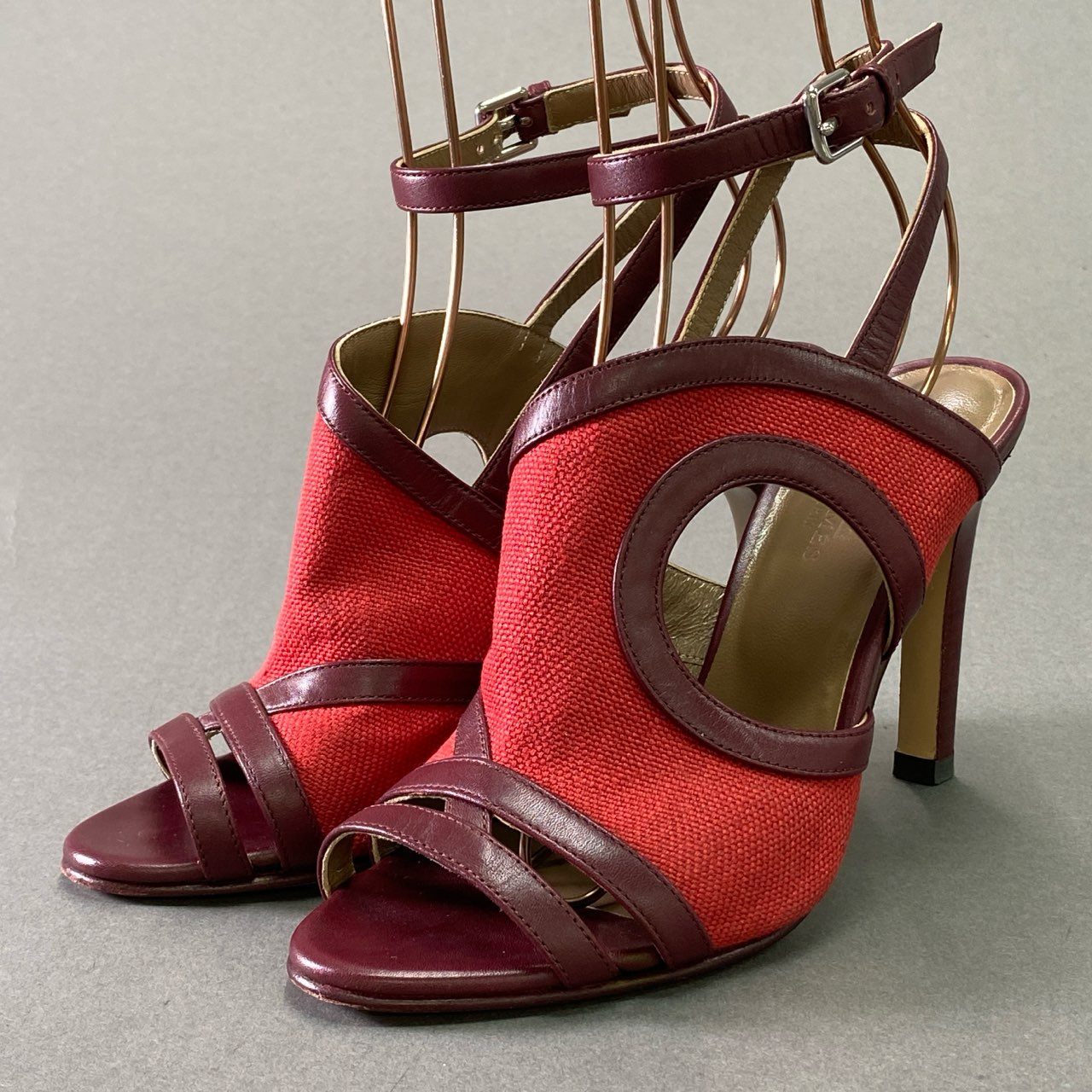 3d14 《美品》 HERMES エルメス アンクルストラップ レザーキャンバス サンダル 37 レッド ボルドー パンプス シューズ イタリア製 夏