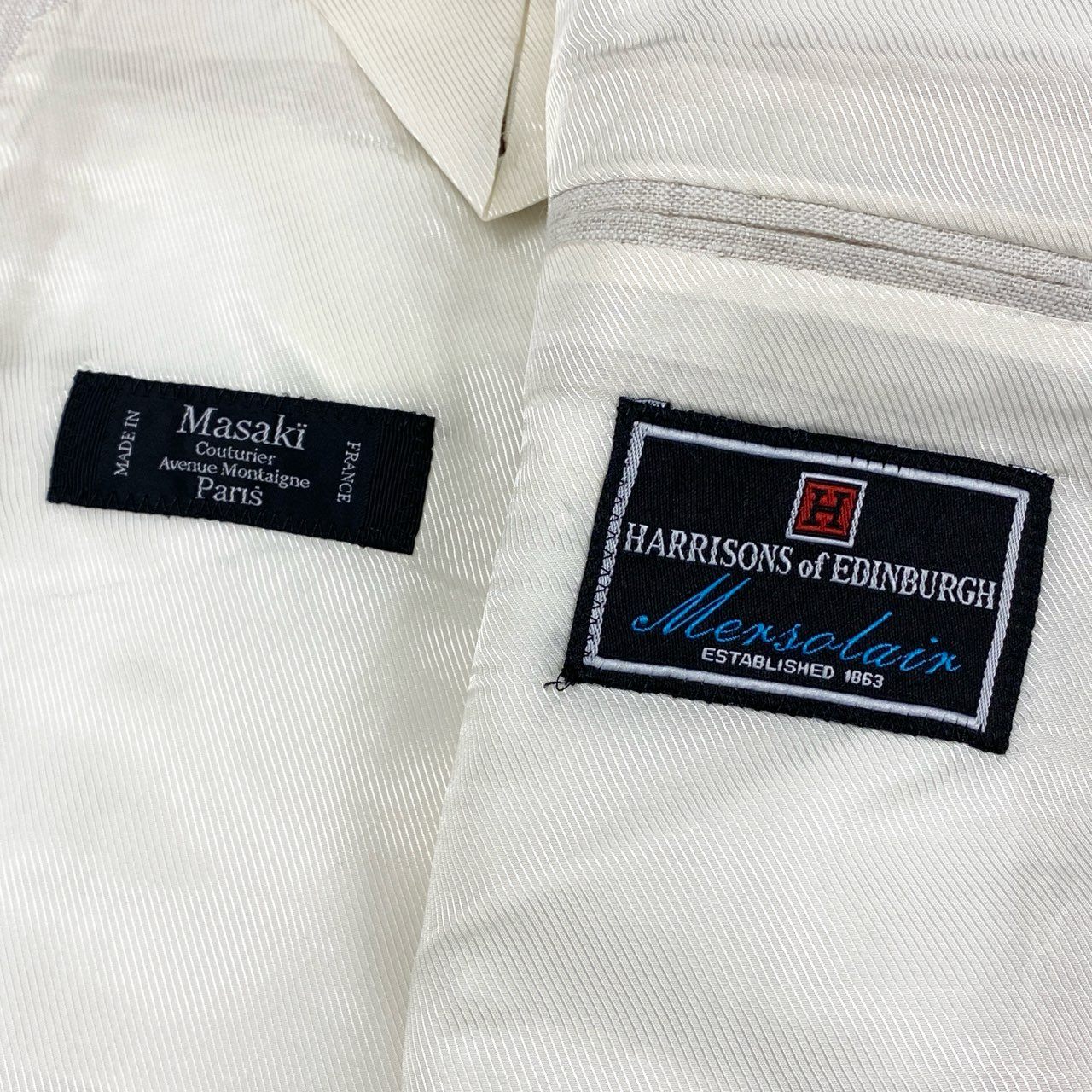 51a15 フランス製 Masaki Matsushima マサキマツシマ カジュアルスーツ セットアップ 春夏生地 テーラードジャケット/アジャスター付き スラックス アイボリー系 英国製生地 ピュアリネン メンズ