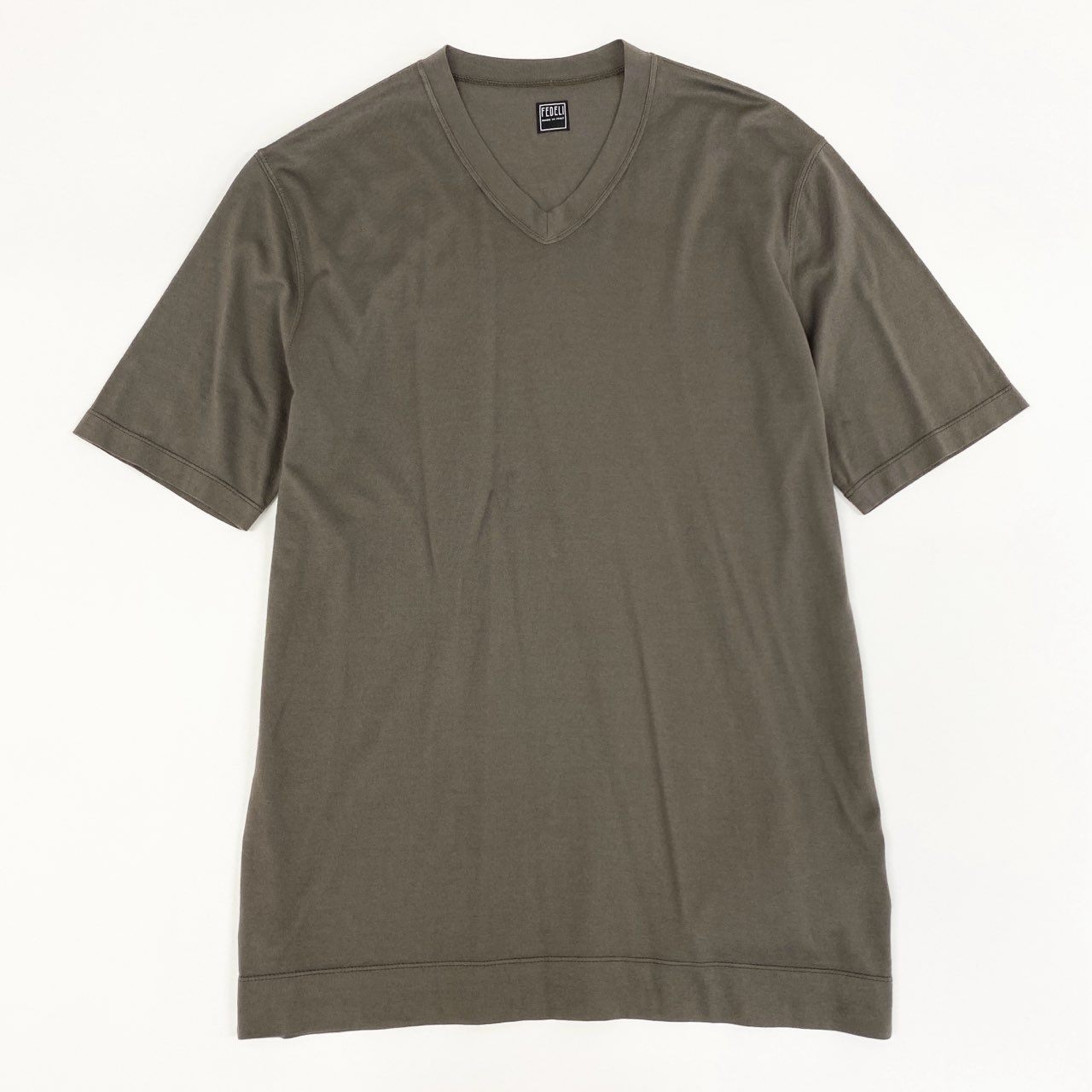 2f6 【未使用品】FEDELI フェデーリ マイクロゲージ 浅めVネック 半袖ニットシャツ ニットTシャツ サイズ44 ブラウン コットン100 メンズ 男性用