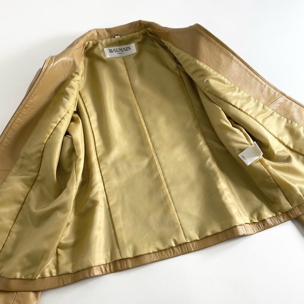 14e2 《美品》 大きいサイズ BALMAIN バルマン レザージャケット ブルゾン アウター ラムスキン シングルライダースジャケット 15 マスタード 羊革