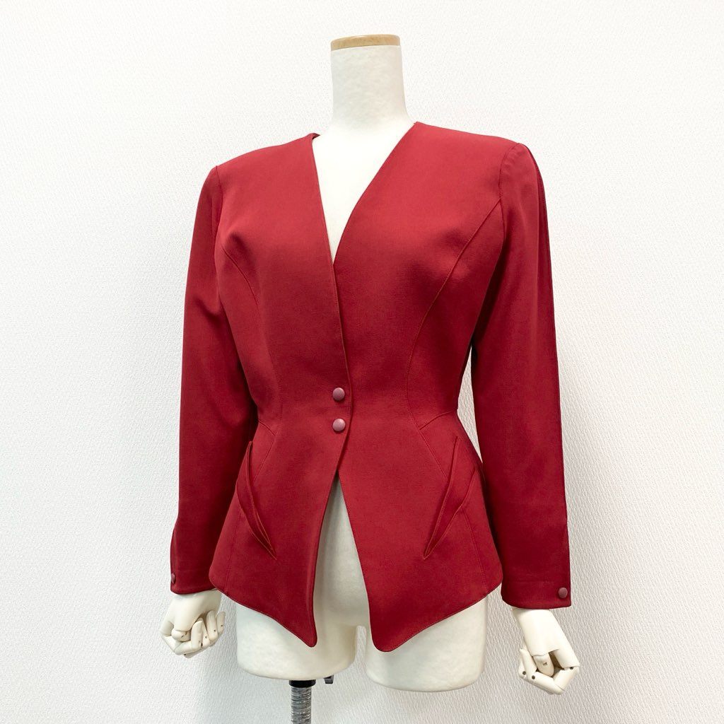 63d8-12 Thierry mugler ティエリー ミューグレー テーラードジャケット ノーカラージャケット 変形デザイン サイズ9 レッド ウール100% レディース