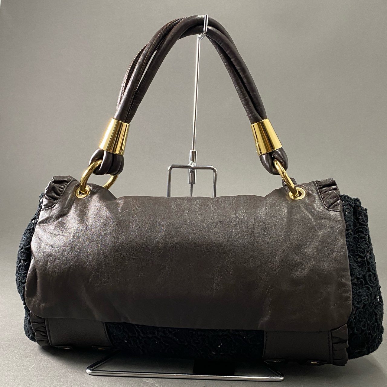 Ae19 DOLCE&GABBANA ドルチェアンドガッバーナ レース レザー ワンショルダーバッグ ハンドバッグ D&G ドルガバ ブラウン ブラック leather