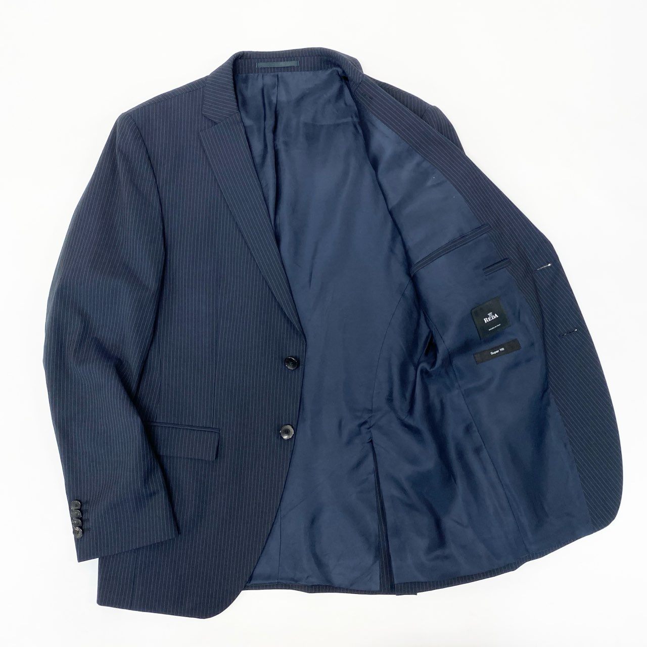 50h25 HUGO BOSS ヒューゴボス REDA SUPER110 セットアップ スーツ ストライプ ビジネス フォーマル 48 ネイビー ウール メンズo07t
