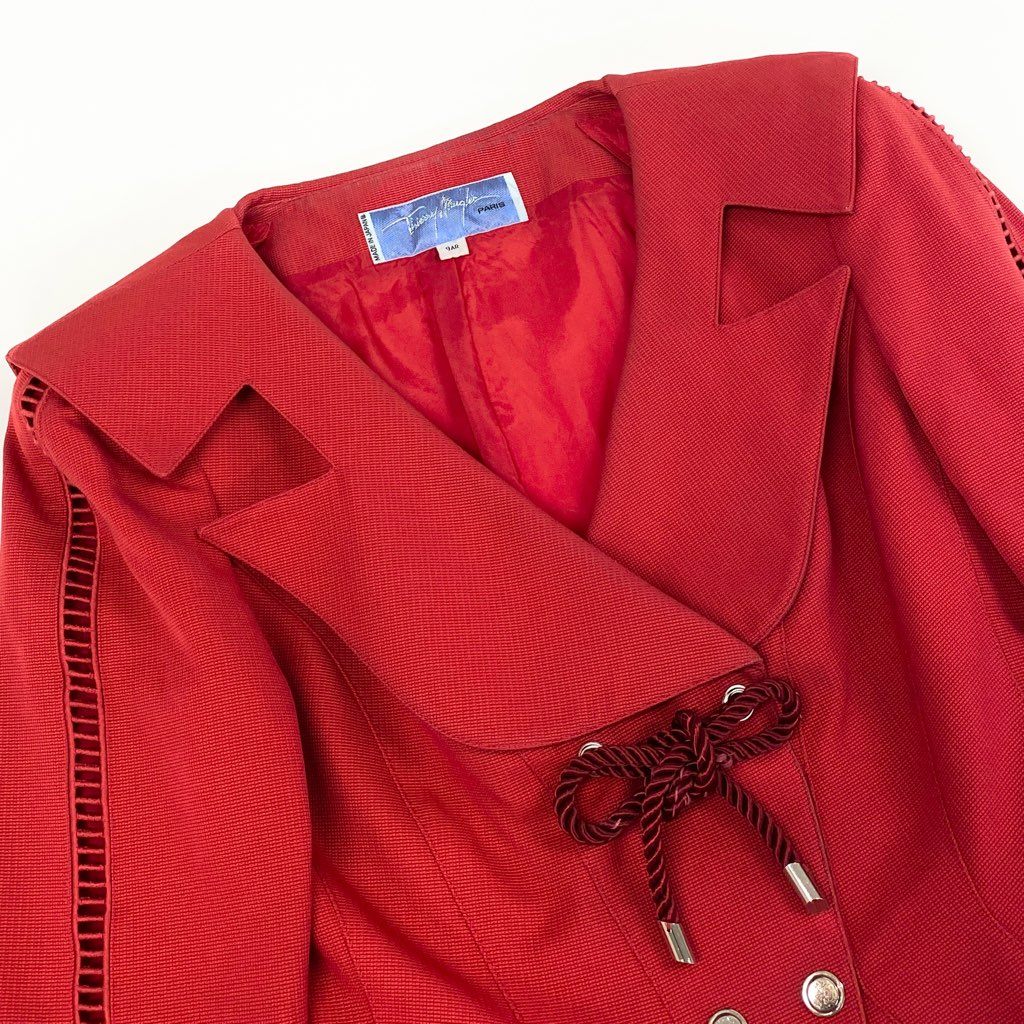 63d8-11 Thierry mugler ティエリー ミューグレー テーラードジャケット 変形ジャケット ダブル ドローストリング サイズ9AR レッド コットン100% レディース 日本製