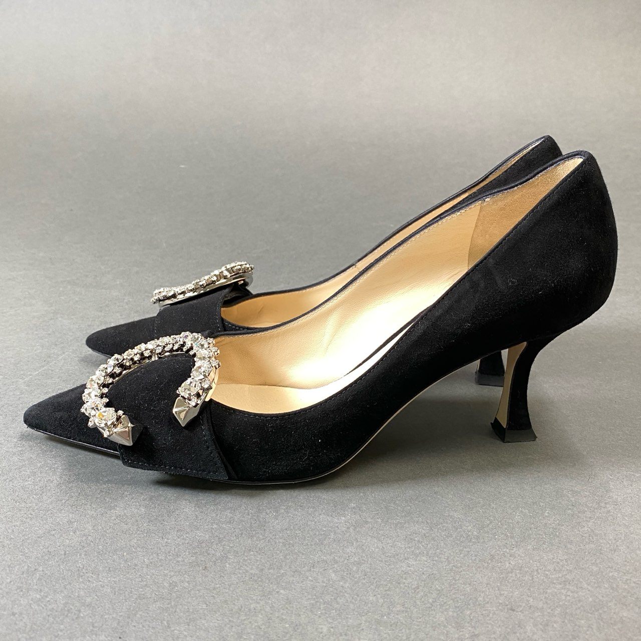 1g31 JIMMY CHOO ジミーチュウ 2023 Melva ラインストーン ビジュー ヒールパンプス シューズ イタリア製 36 ブラック スエード レディースk02i