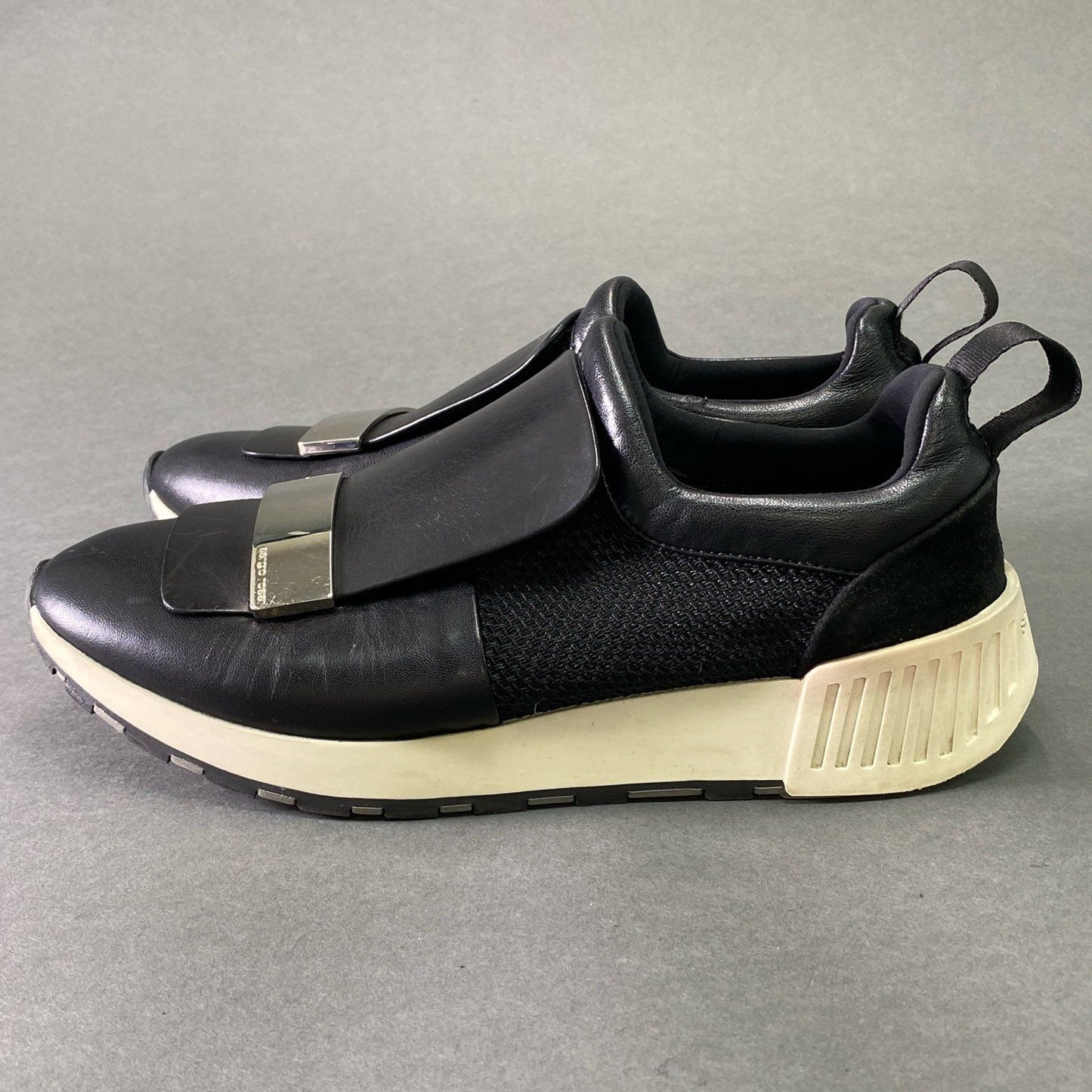 3e5 sergio rossi セルジオロッシ SR1 RUNNIN メタルプレート レザースニーカー 36 ブラック Leather シューズ イタリア製
