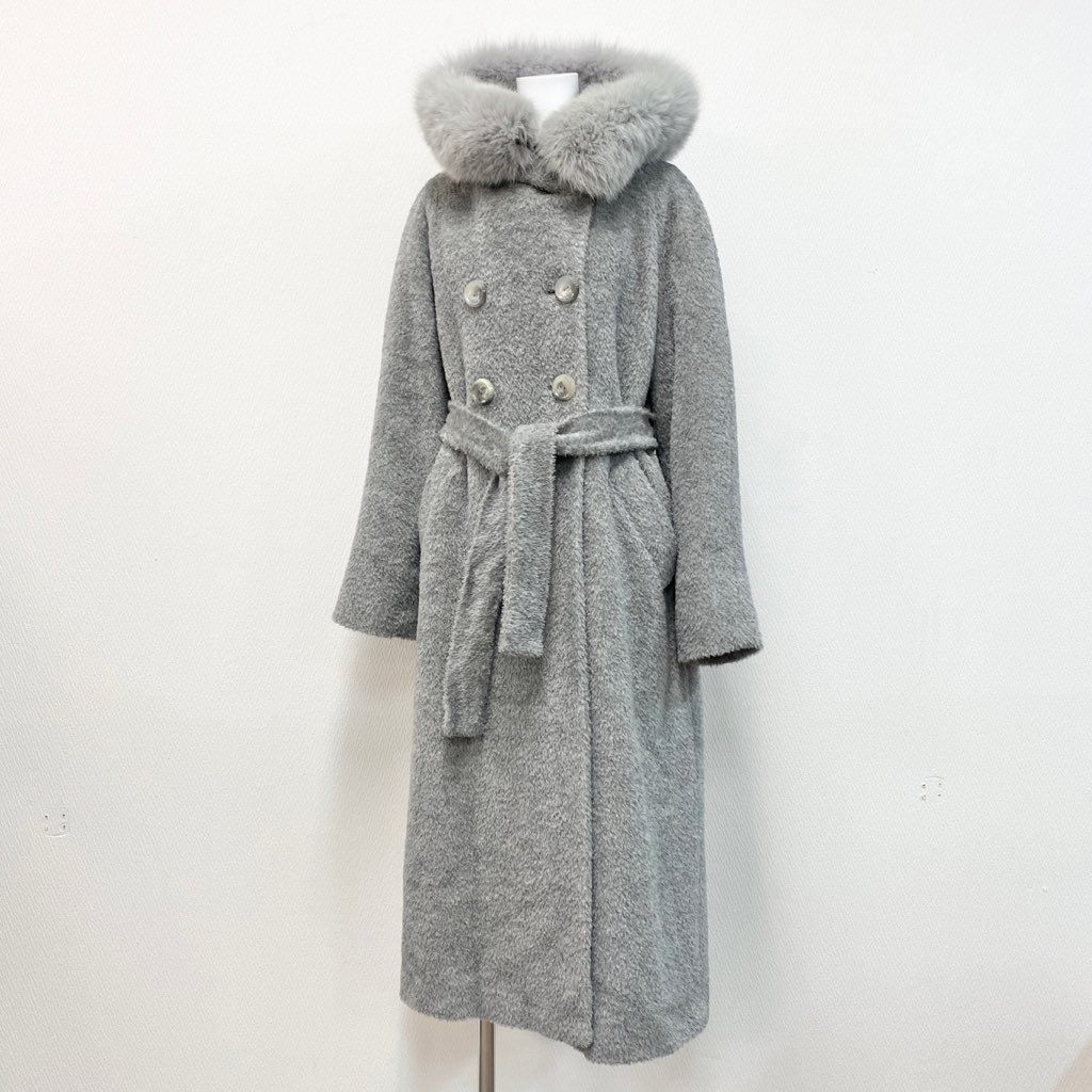 25k7 【イタリア製】MaxMara STUDIO マックスマーラ スタジオ アルパカコート フォックスファー フーデッドコート サイズ42 グレー レディース 女性用 アウター コート