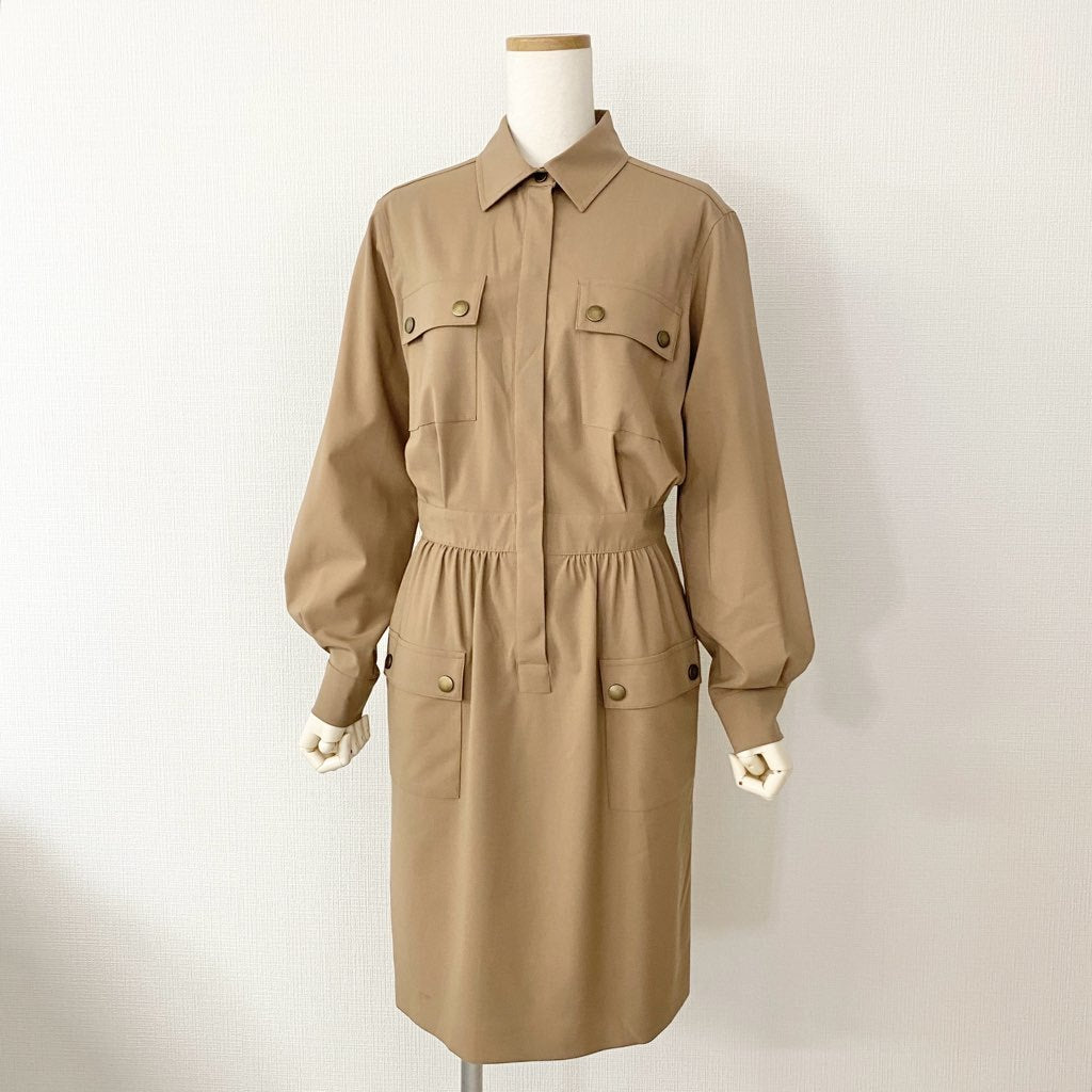 53h9 《美品》 Max Mara マックスマーラ イタリア製 白タグ 長袖ワンピース シャツワンピース ドレス 40 ブラウン ウール