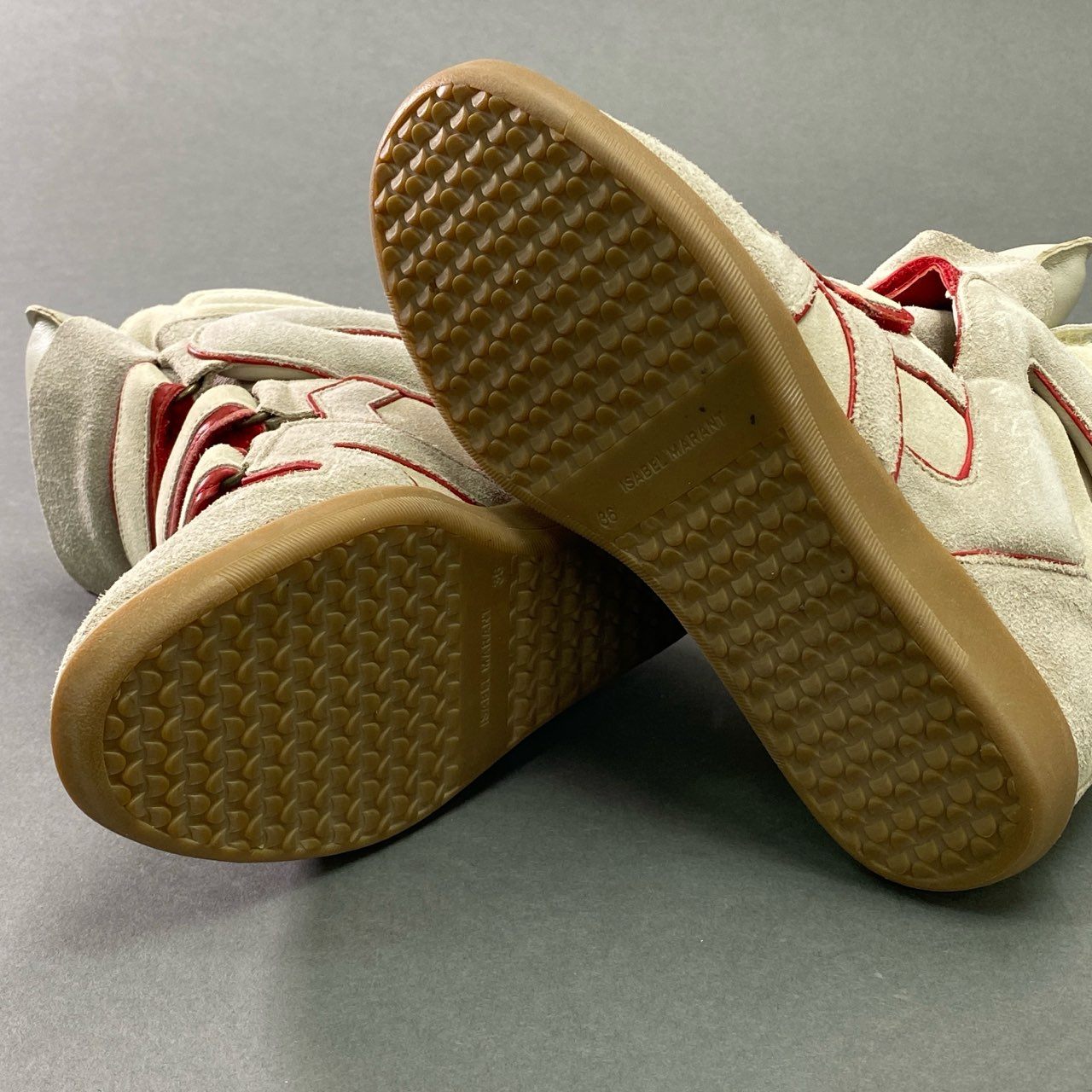 7c11 ISABEL MARANT イザベルマラン スエードレザー インヒール ハイカットスニーカー 36 グレージュ レッド スウェード ベルクロ シューズ