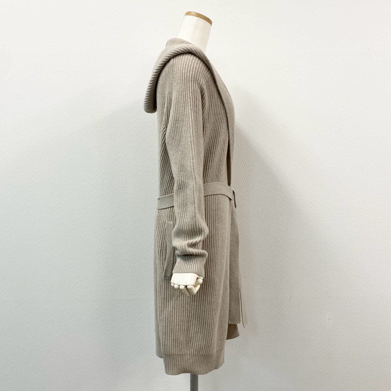 61g23 MAX MARA 白タグ フード ベルテッド ロングカーディガン ガウンコート ニット ウエストマーク グレージュ レディース