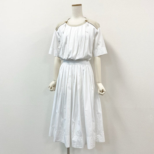 19g28 AGNONA アニオナ イタリア製 ニット切替 半袖シャツワンピース ドレス ロング丈 36 ホワイト ベージュ レディース
