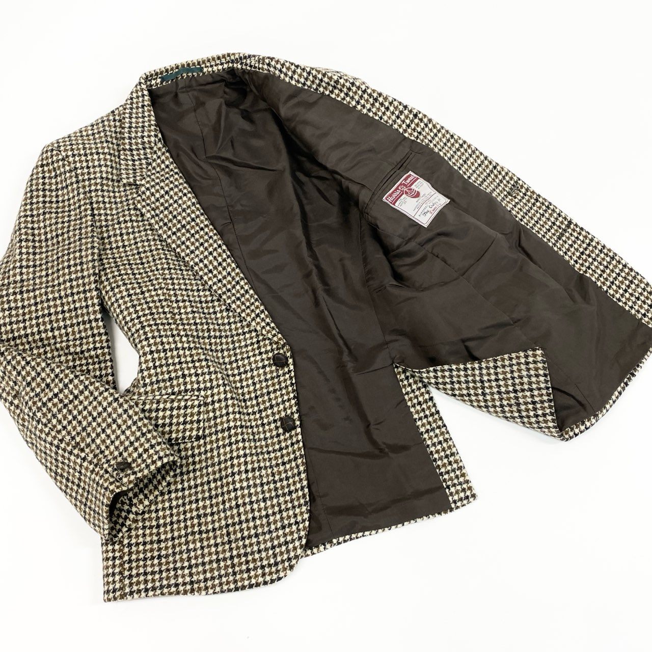 17e7 【英国製】DUNN&CO. HARRIS TWEED ハリスツイード 千鳥格子 クルミ釦 2B ツイードジャケット テーラードジャケット サイズS42 ベージュ系 メンズ 男性用