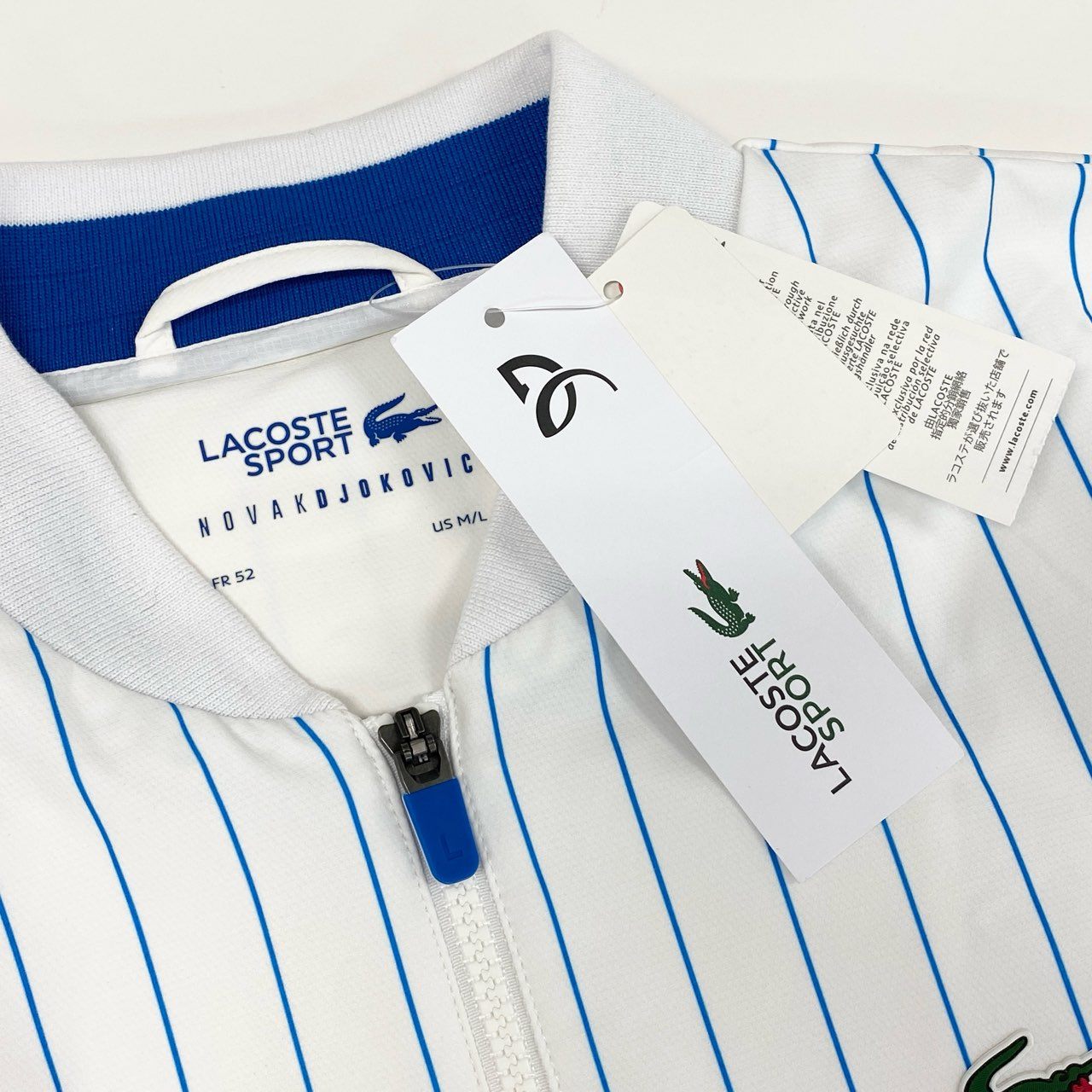 21f17 《未使用保管品》タグ付 LACOSTE ラコステ ピンストライプ ジップブルゾン ジョコビッチ ジャケット ロゴワッペン 大きいサイズ BH2256L 52 XLサイズ相当 ホワイト 画像参照